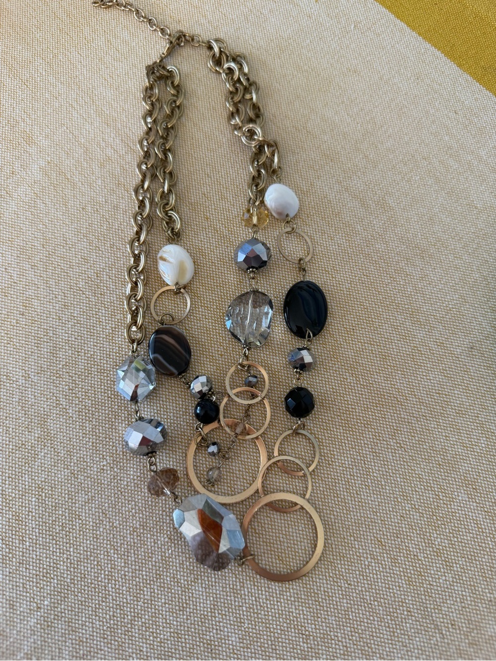 Gold-Tone Multi-Bead Circle Necklace in Black and White + 1